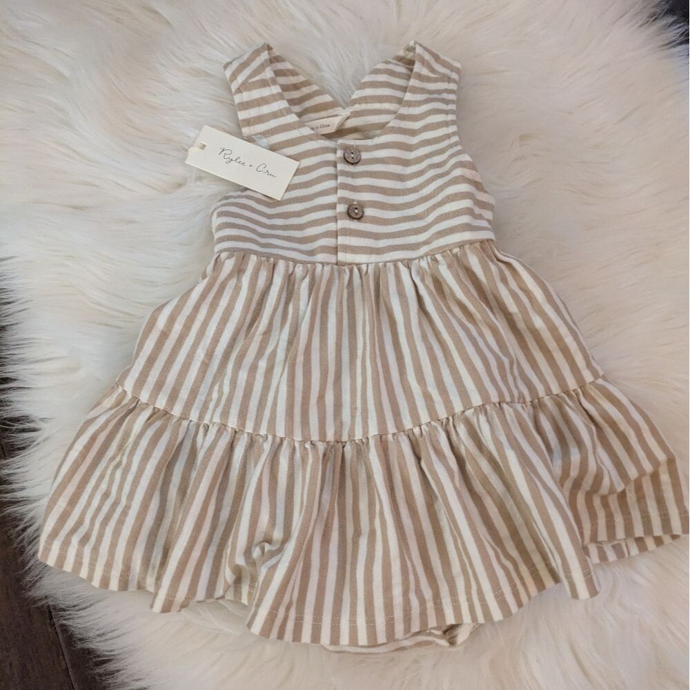 NWT New Rylee + Cru Beige White Striped Ruby Swing Dress 2 Piece 6-12 Months